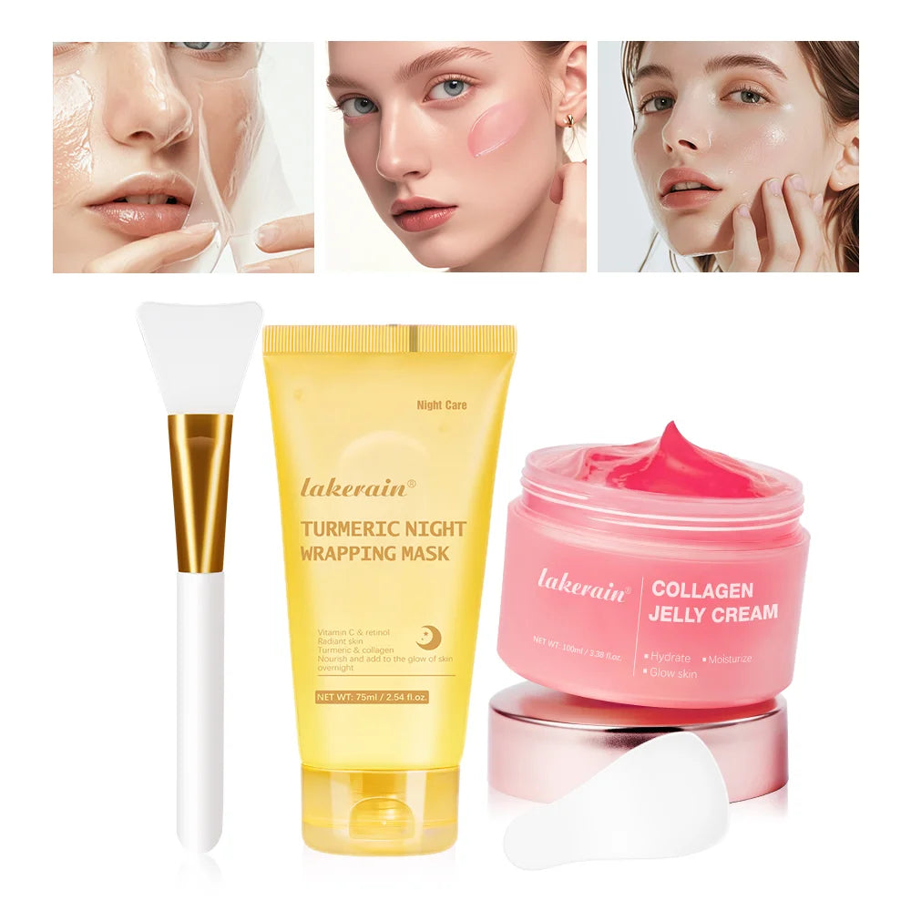Collage of skincare products including a yellow tube and pink jar with text on a white background.
