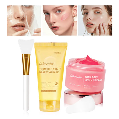 Collage of skincare products including a yellow tube and pink jar with text on a white background.