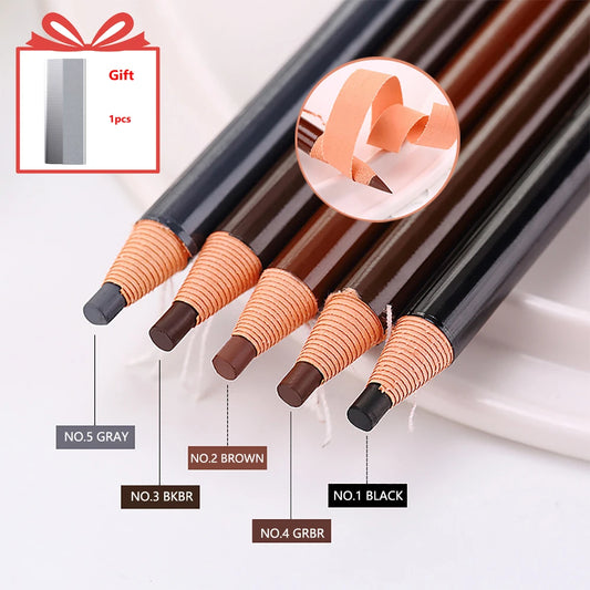 Set of eyebrow pencils with color labels on a white background