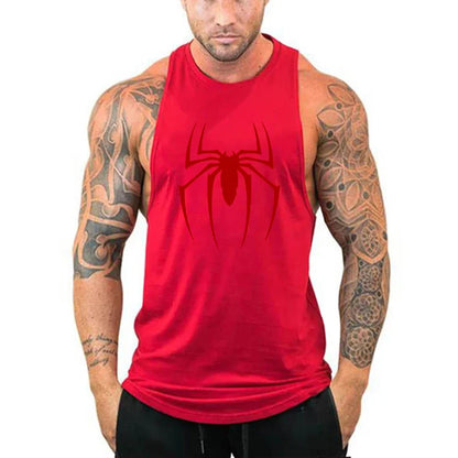 Red tank top with a spider logo worn by a person with tattoos on a white background