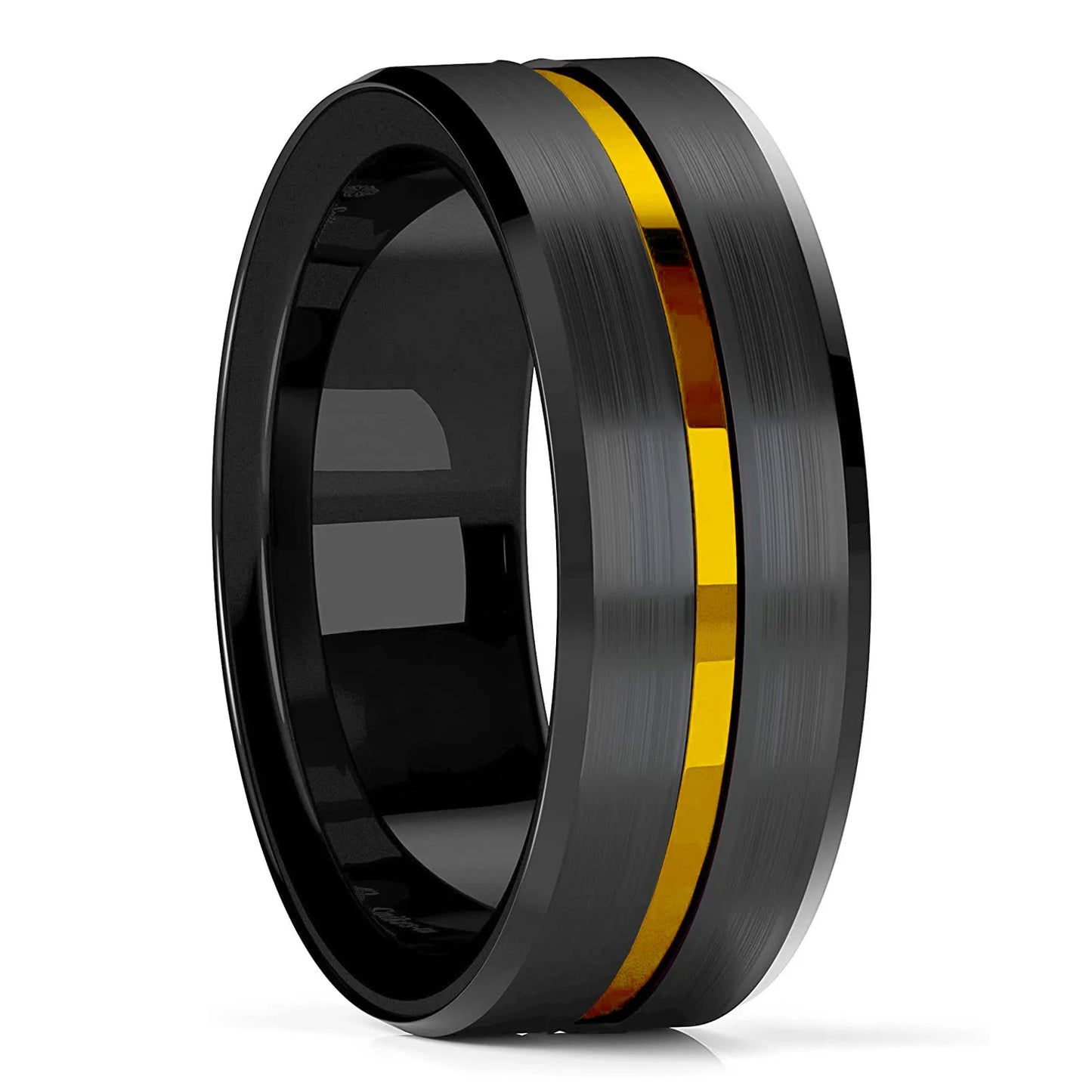 Black ring with a gold stripe on a white background