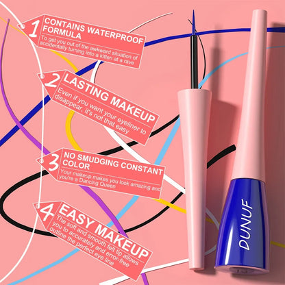Dunuf eyeliner with product features on a colorful abstract background