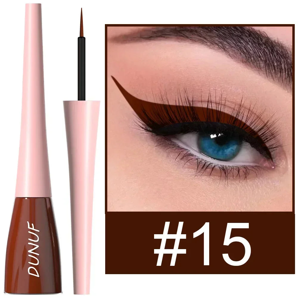 Eyeliner pen with pink casing and brown tip, shown with an eye wearing the eyeliner.