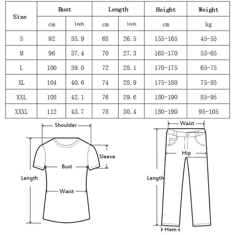 Size chart for clothing with measurements in centimeters and inches, including a diagram of a t-shirt and pants.
