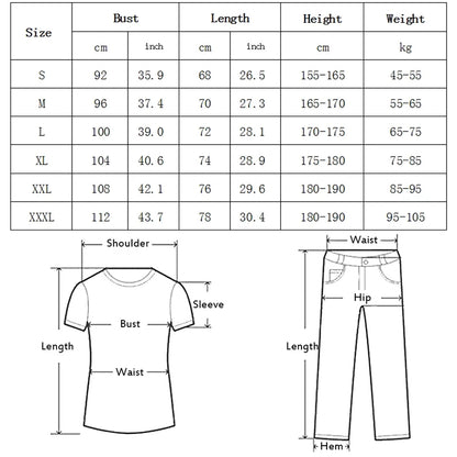 Size chart for clothing with measurements in centimeters and inches, including a diagram of a t-shirt and pants.