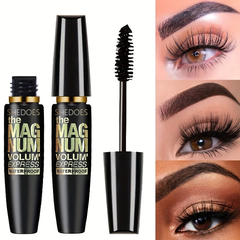 Shedoes Magnum Volum'Express waterproof mascara with close-up images of eyes wearing the product.