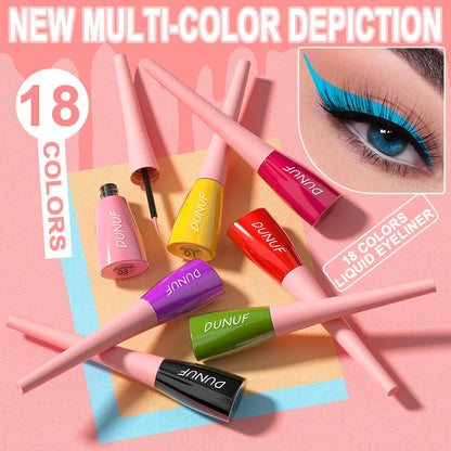 Dunuf liquid eyeliner set with colorful applicators on a pink background, featuring an eye with blue eyeliner.