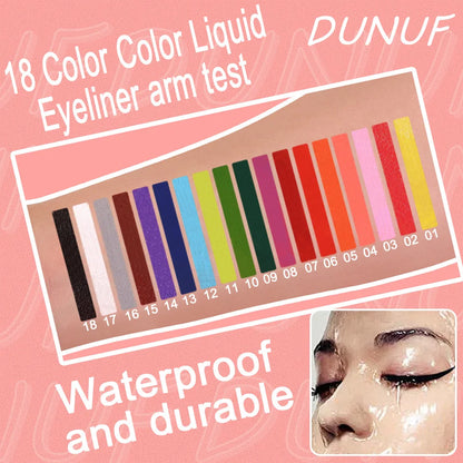 DUNUF 18 color liquid eyeliner arm test with a close-up of a person wearing it.
