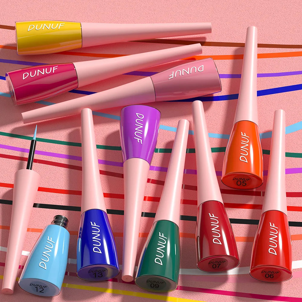 DUNUF lip glosses in various colors on a colorful striped background