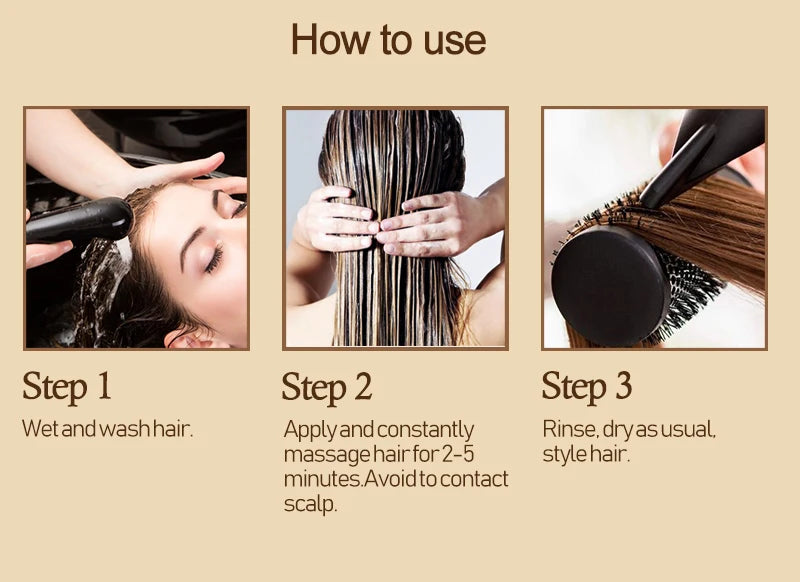 Instructions on how to use a hair product with three steps shown.