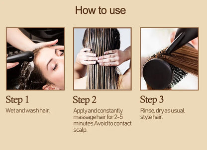 Instructions on how to use a hair product with three steps shown.