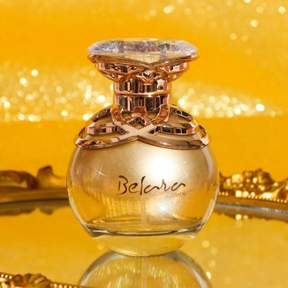 Perfume bottle with gold cap on a yellow background