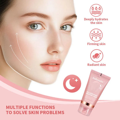 Skincare product with benefits and a model's face on a pink background