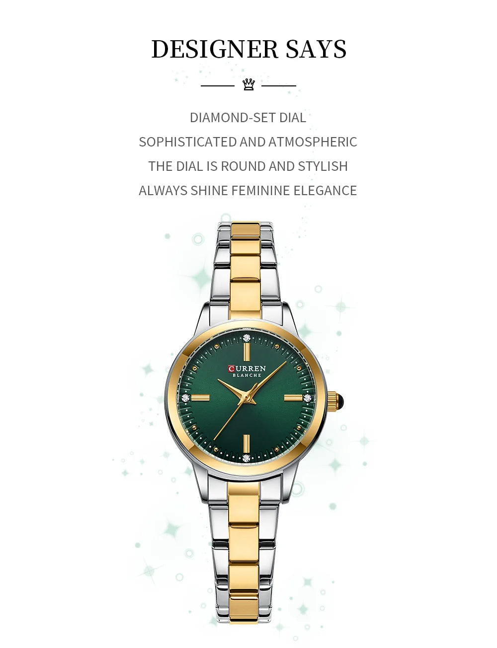 Two-tone watch with green dial on a white background
