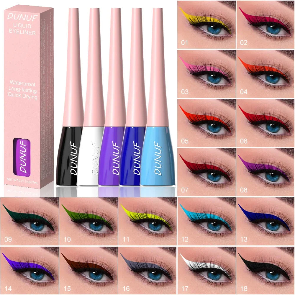 DUNUF eyeliner products with color swatches on eyes
