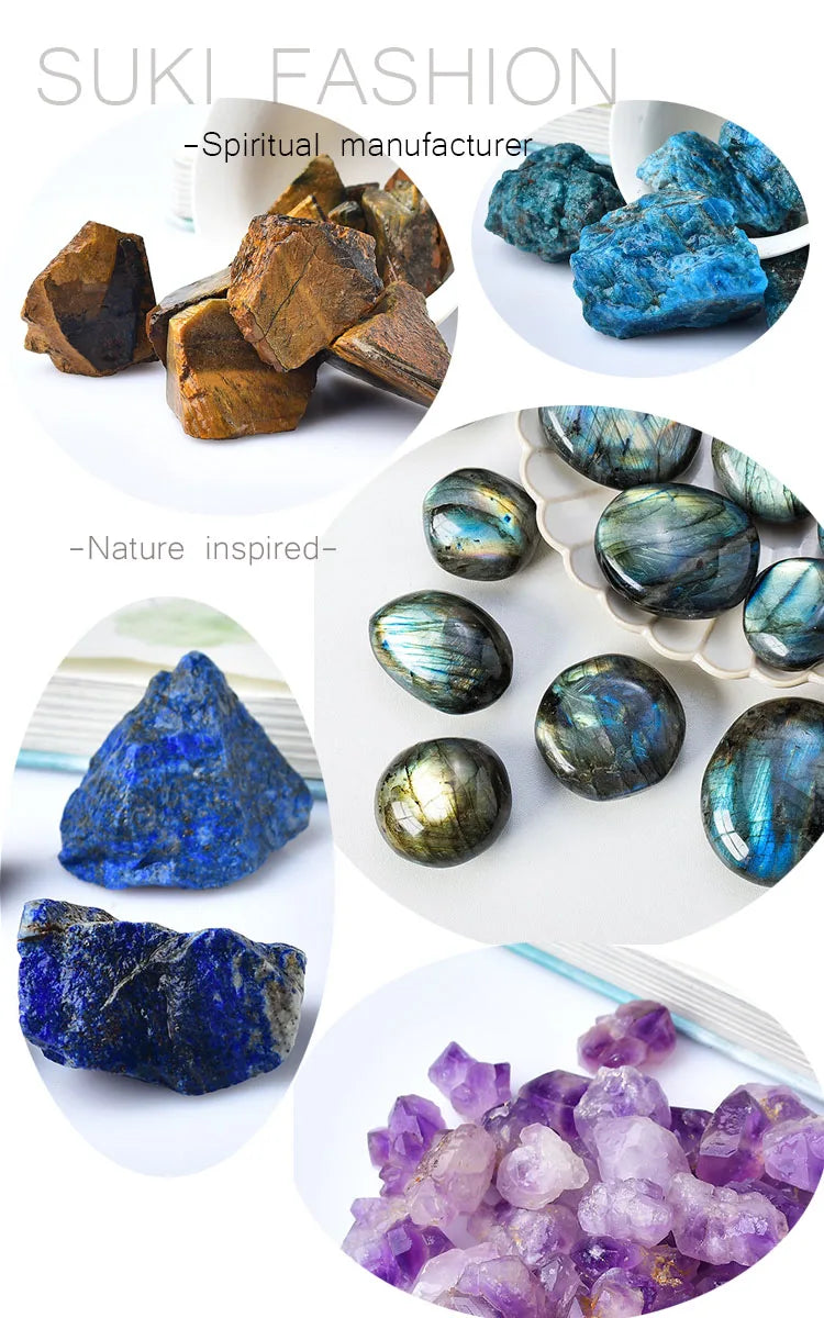 Collage of various crystals including tigers eye, labradorite, and amethyst with 'SUKI FASHION' branding.