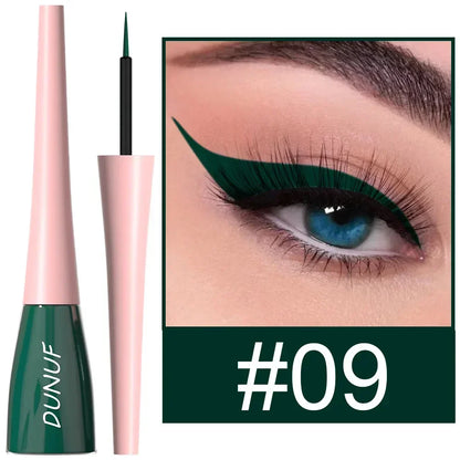 Eyeliner pen with green ink and pink casing, shown with a close-up of an eye wearing the liner.