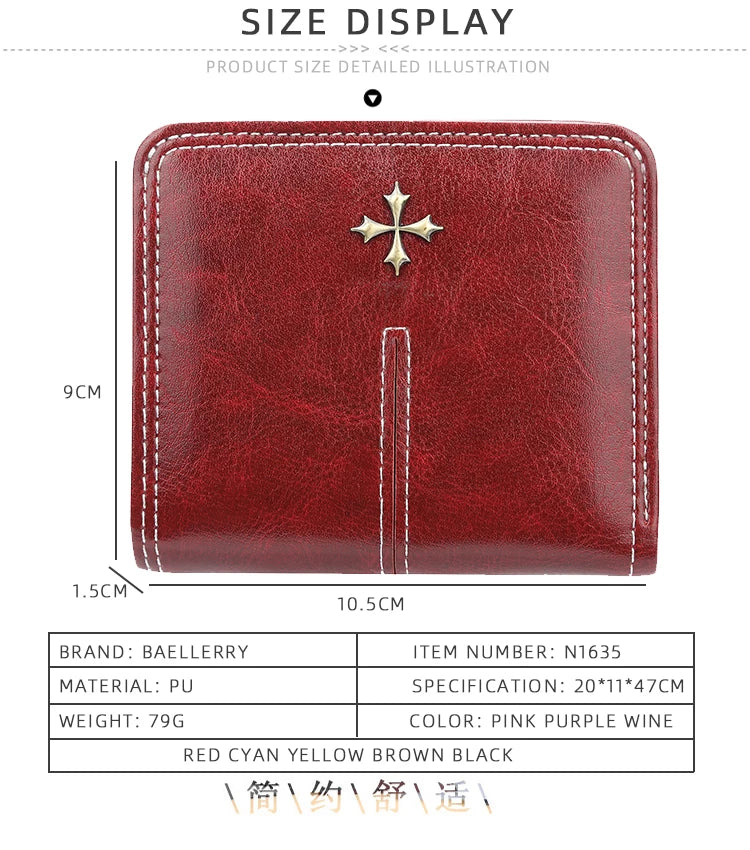 Red wallet with a cross design and size display on a white background