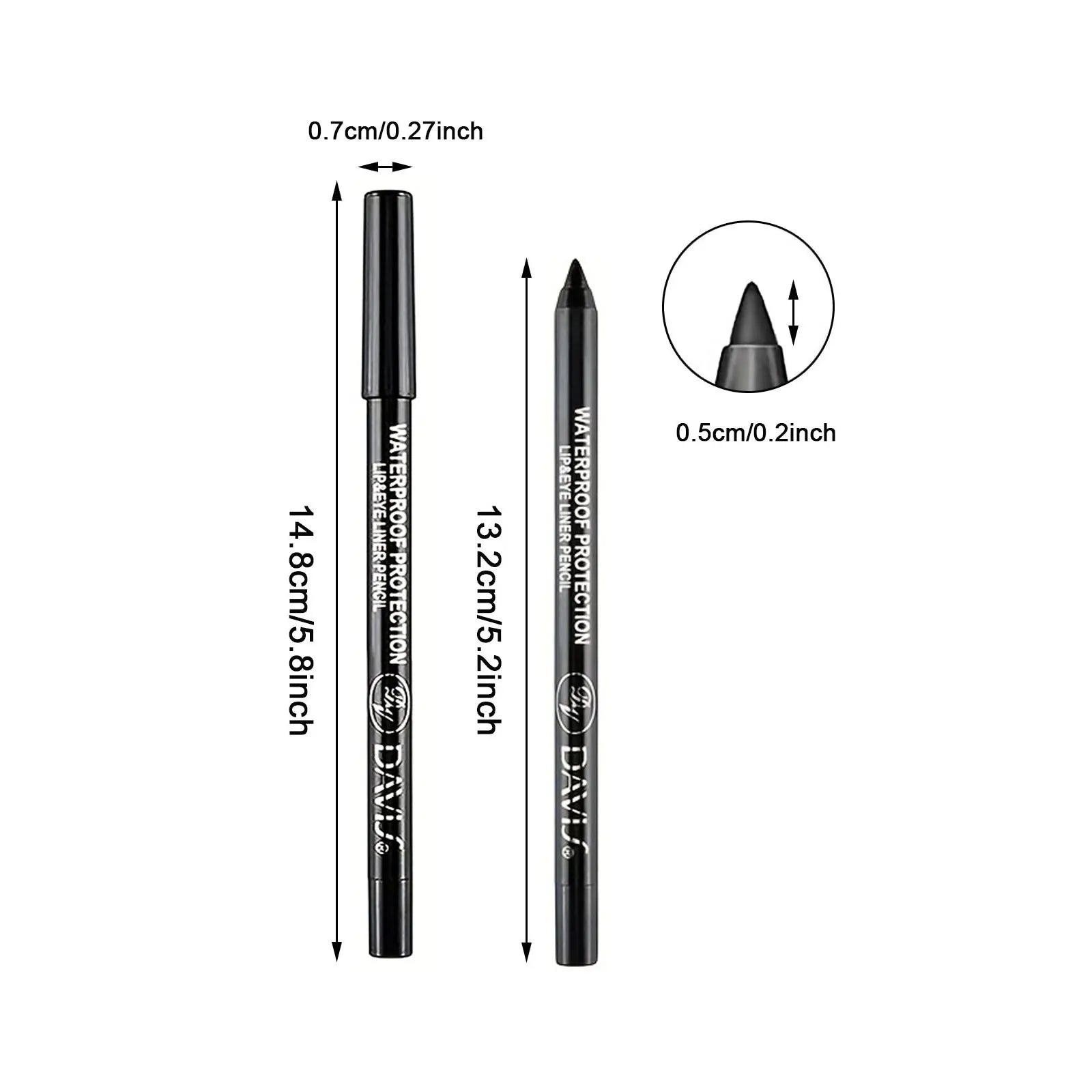 Black eyeliner pencil with measurements on a white background