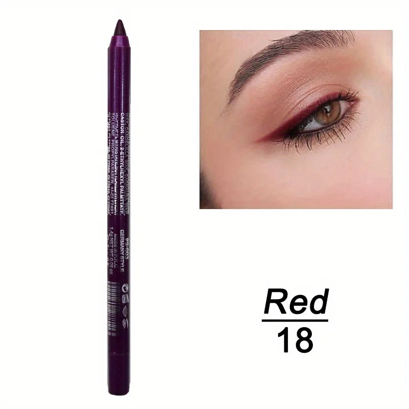 Eyeliner pencil with an inset of an eye wearing the product, labeled 'Red 18'.