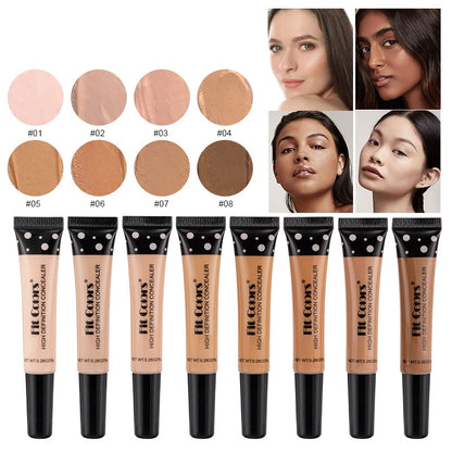 Set of FitGlow high definition concealers with color swatches and model faces.