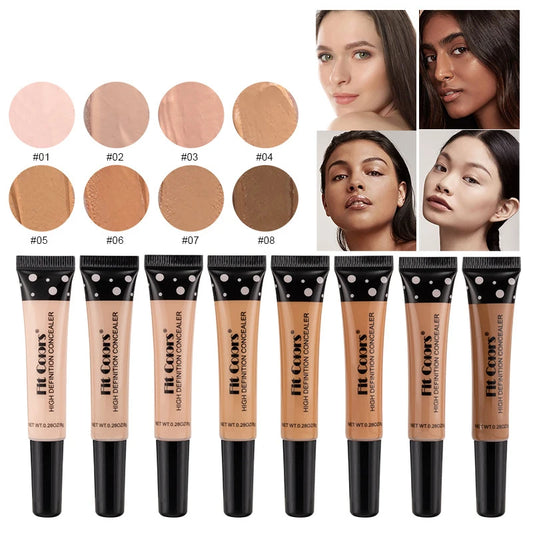 Set of FitGlow high definition concealers with color swatches and model faces.