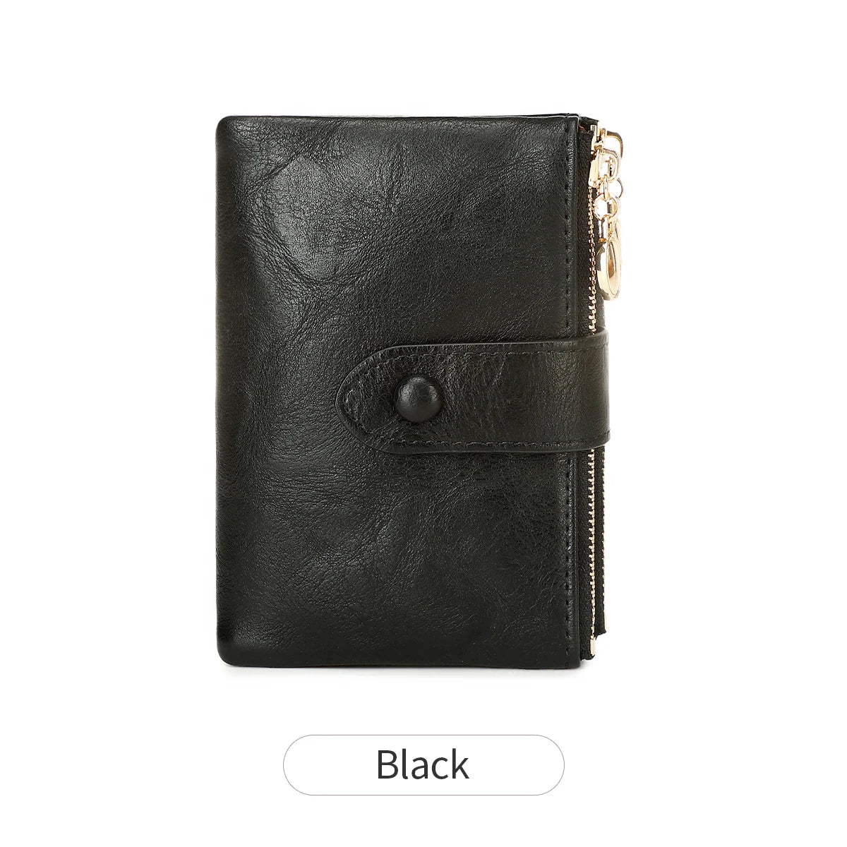 Black leather wallet with a zipper on a white background
