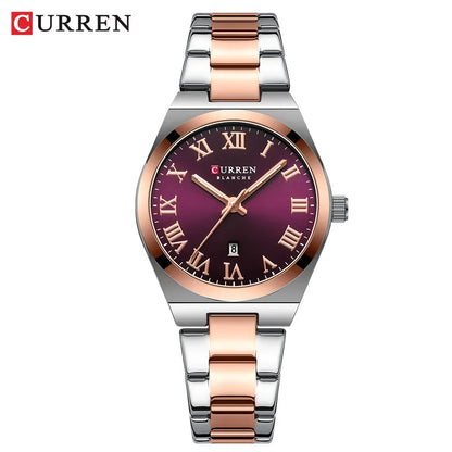 Curren watch with rose gold and silver band on a white background