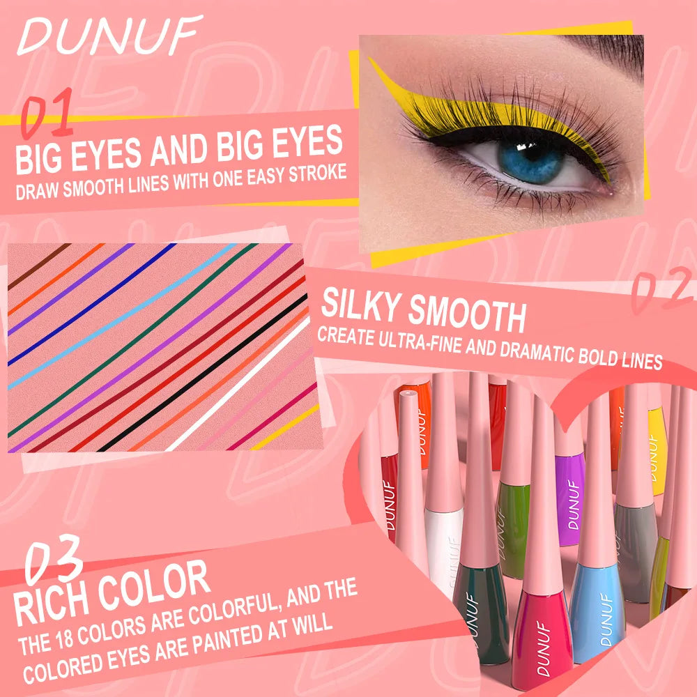 DUNUF eyeliner product packaging with eye makeup application and product display on a pink background.