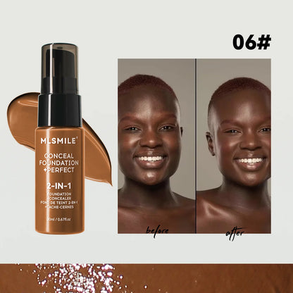 MISMIIL Conceal Foundation + Perfect 2-in-1 product with before and after effects on a model.