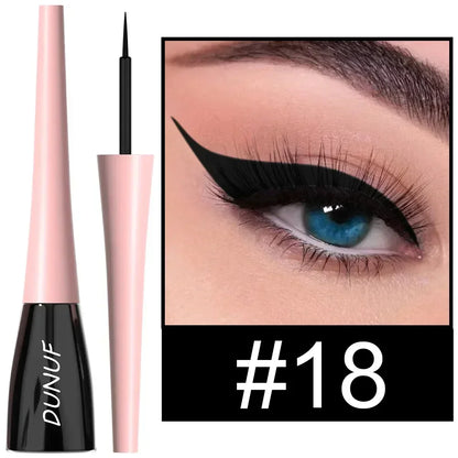 Eyeliner pen with pink casing and black tip, close-up of eye wearing eyeliner, and brand name 'DUNUF'.