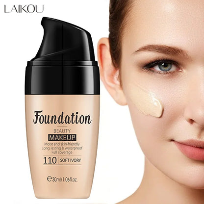 Foundation bottle with a woman's face applying foundation on her cheek, featuring LAIKOU brand.