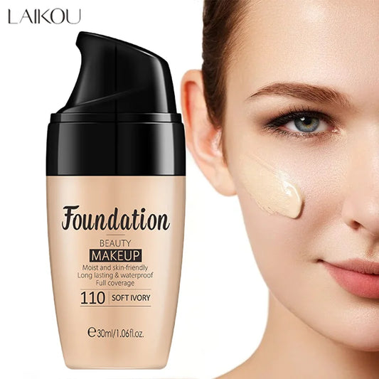 Foundation bottle with a woman's face applying foundation on her cheek, featuring LAIKOU brand.