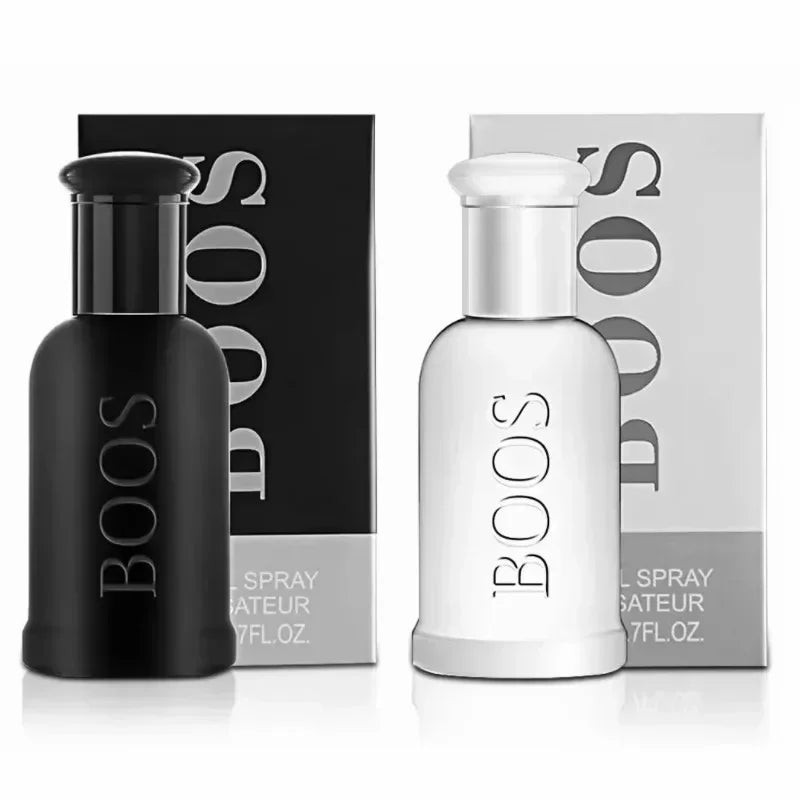 Two perfume bottles, one black and one white, with 'BOOS' branding on a white background.