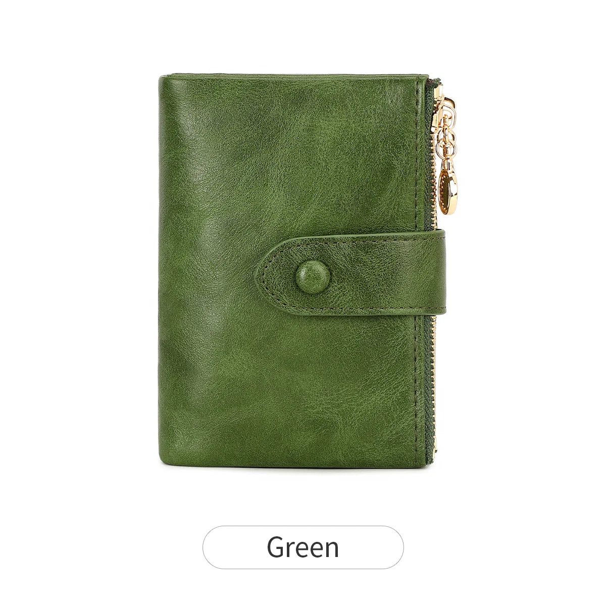 Green leather wallet with a gold zipper on a white background