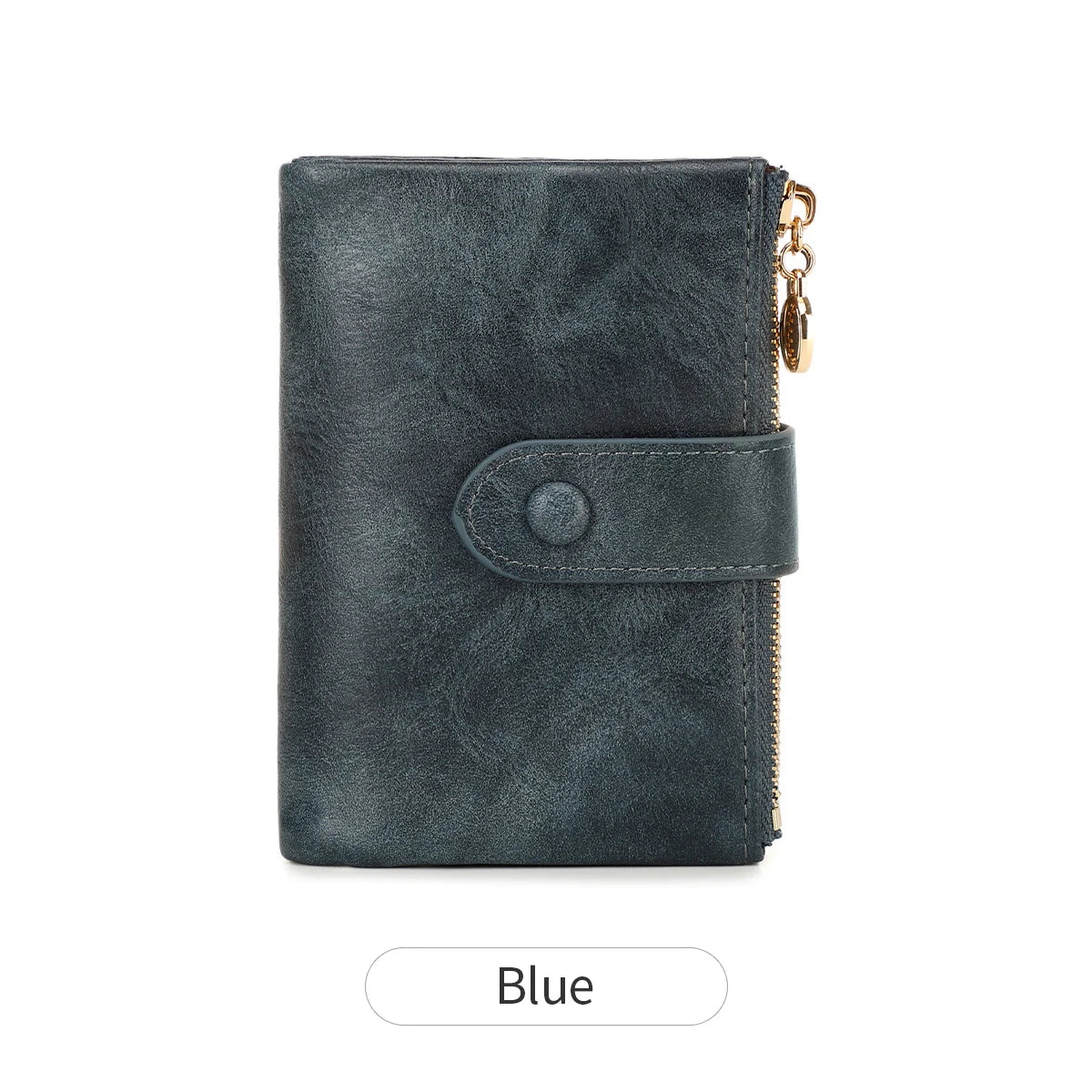 Blue wallet with a gold zipper on a white background