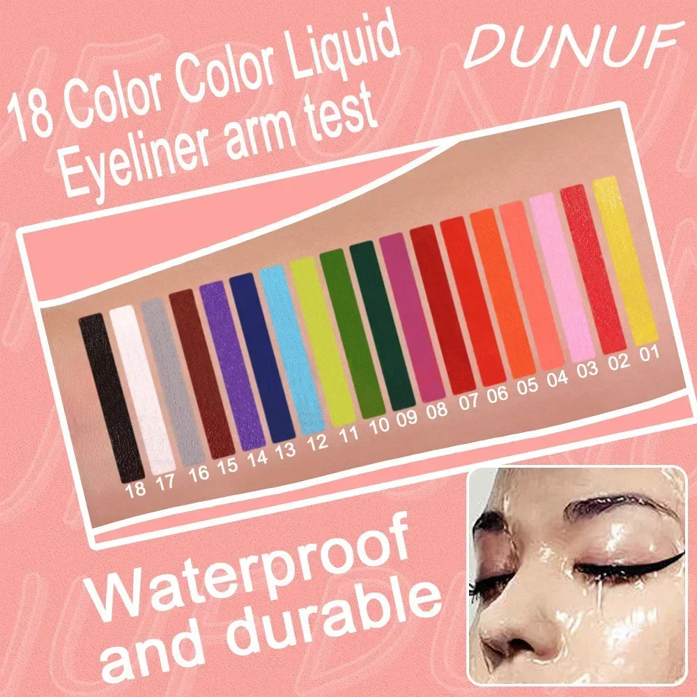 DUNUF 18 color liquid eyeliner arm test with a pink background