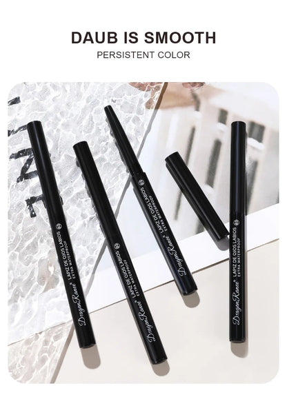 Set of black makeup pencils on a textured white surface with 'Daub is Smooth' text above.