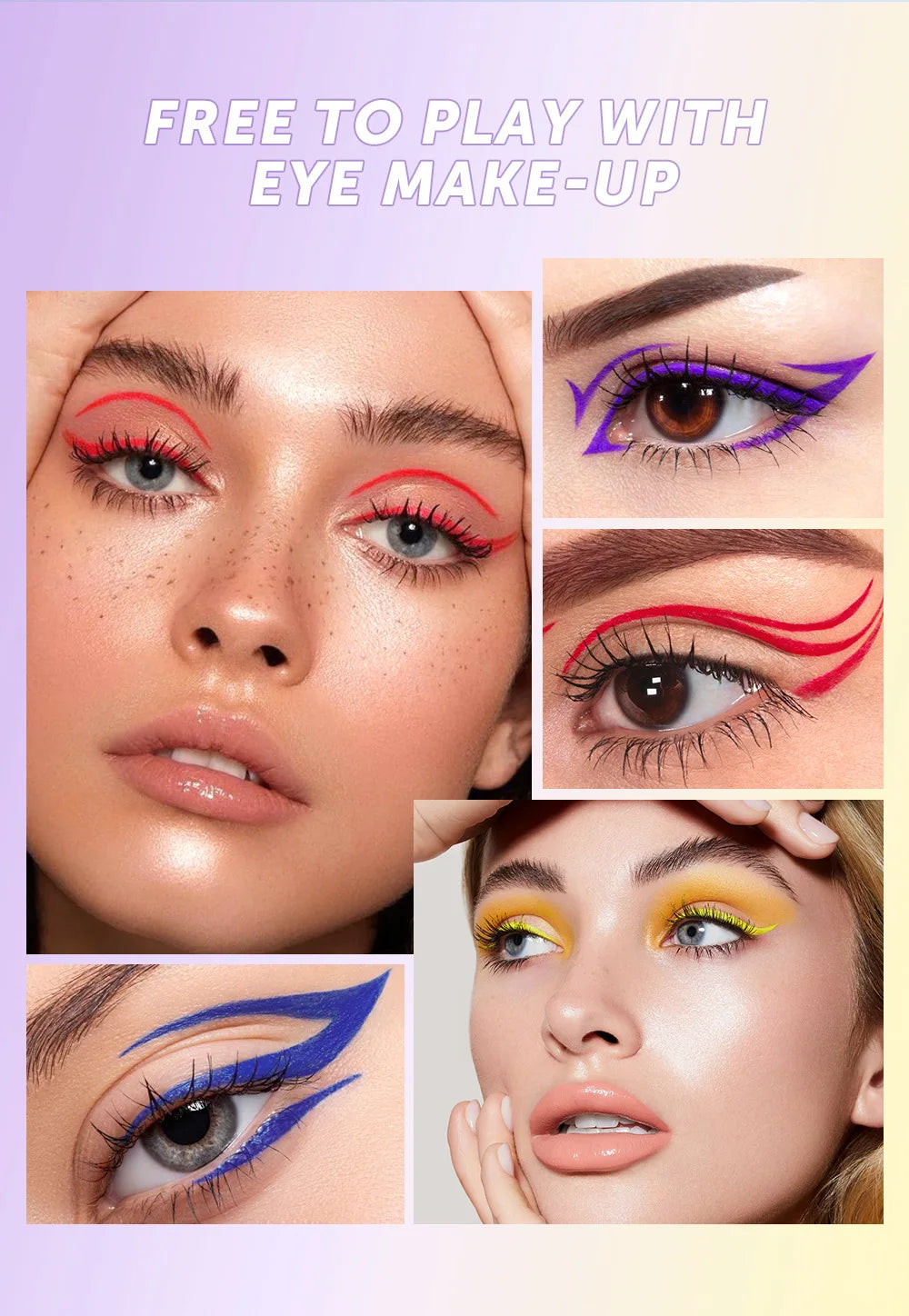 Collage of eye makeup looks with text 'Free to play with eye make-up' on a gradient background.