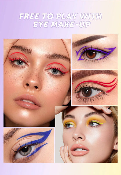 Collage of eye makeup looks with text 'Free to play with eye make-up' on a gradient background.