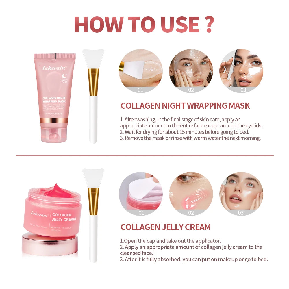 Instructions on how to use collagen night wrapping mask and jelly cream with Laderm branding.