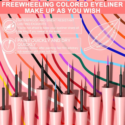 Promotional graphic for freewheeling colored eyeliner with product display on a colorful abstract background.