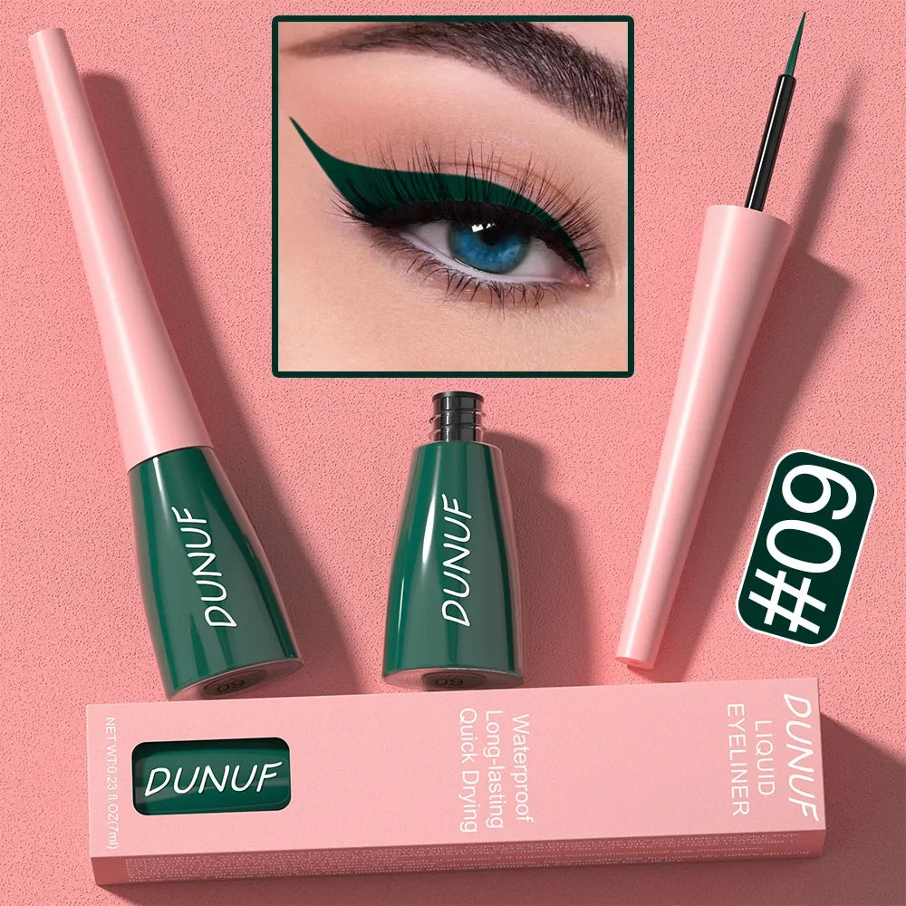 Dunuf liquid eyeliner with packaging on a pink background