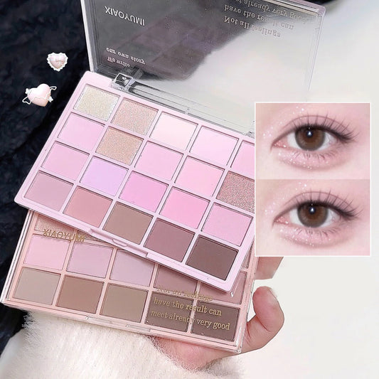 Makeup palette with pink and brown shades, close-up of eyes wearing the product.