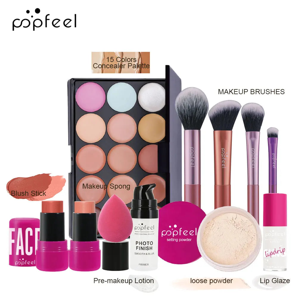 Popfeel makeup product set including concealer palette, brushes, and other cosmetic items on a white background.