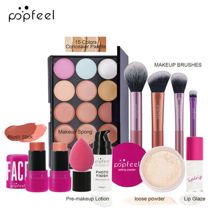 Popfeel makeup product set including concealer palette, brushes, and other cosmetic items on a white background.