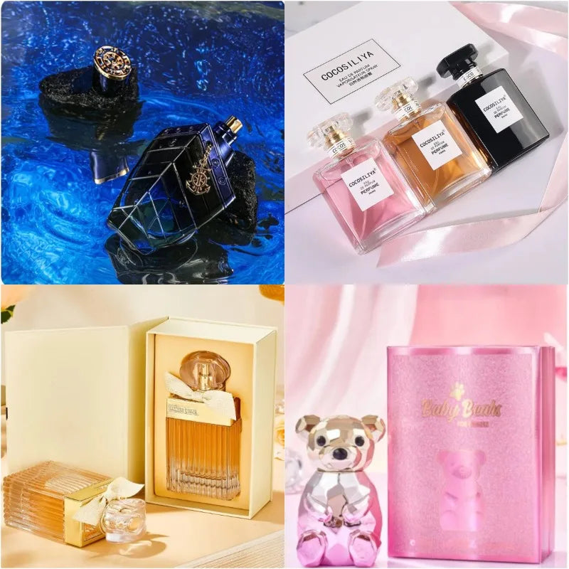 Collage of various perfume bottles and packaging on a blue, pink, and white background.
