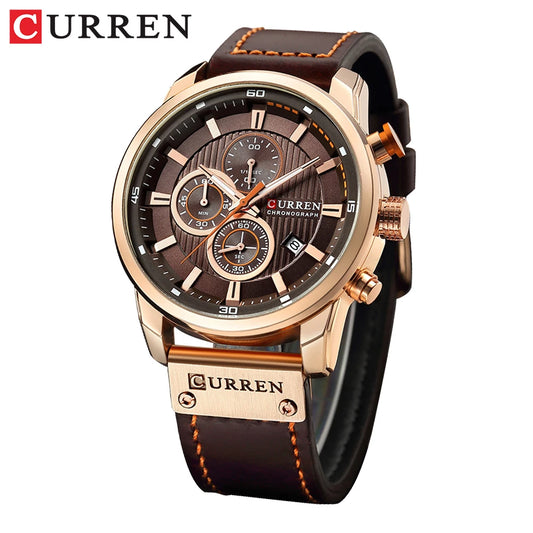 Curren watch with brown leather strap and rose gold case on white background