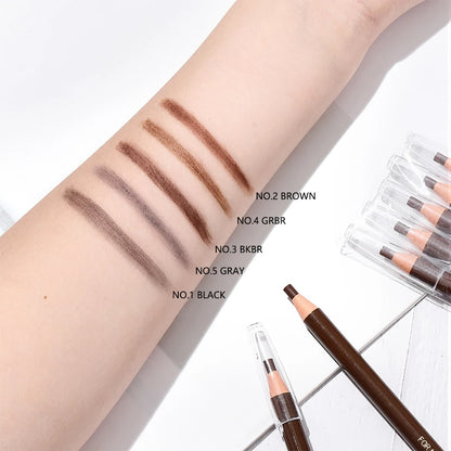 Eyebrow pencils with swatches on an arm and packaging on a white background