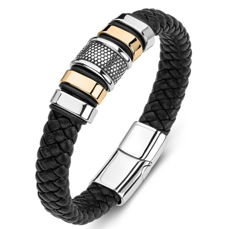 Black braided leather bracelet with silver and gold accents on a white background